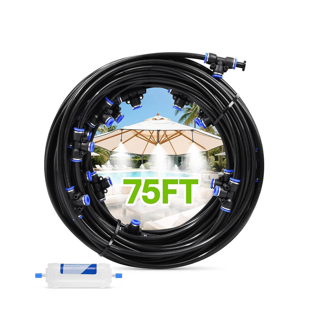 RAINPOINT 75FT Outdoor Misting System Kit - 22 Nozzles with Water Filter for Patio, Garden & Deck Cooling