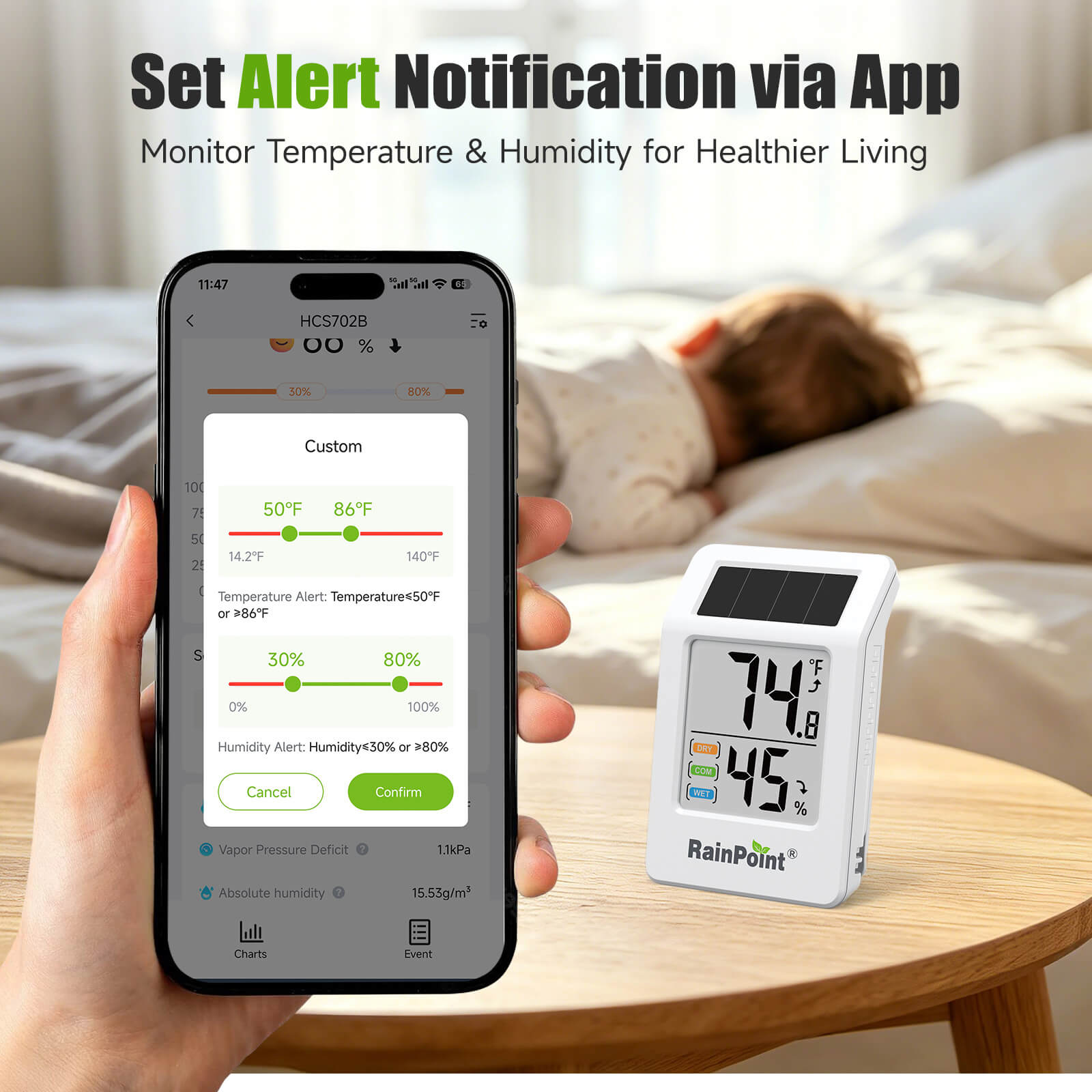 RainPoint Solar Bluetooth Temperature Humidity Monitor with Remote App Control