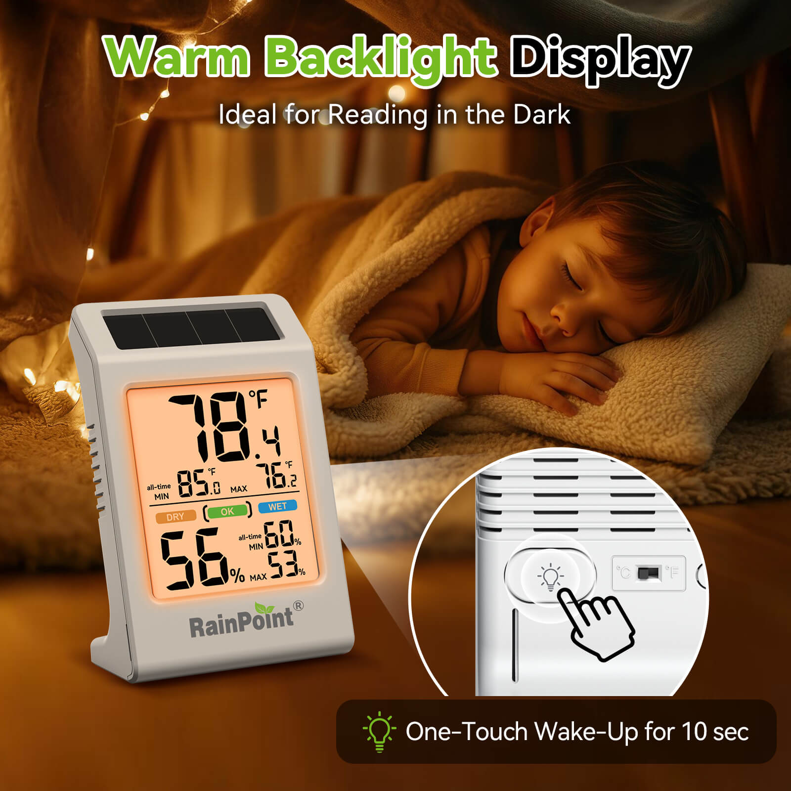 RainPoint Solar Hygrometer – Large Display, Comfort Indicator, Max/Min Memory