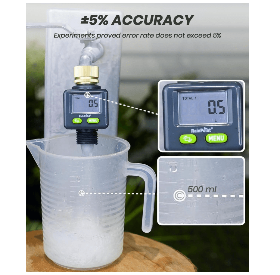 Rainpoint Water Flow Meter with Brass Inlet,Garden Hose, Sprinkler & Nozzle Sprayer