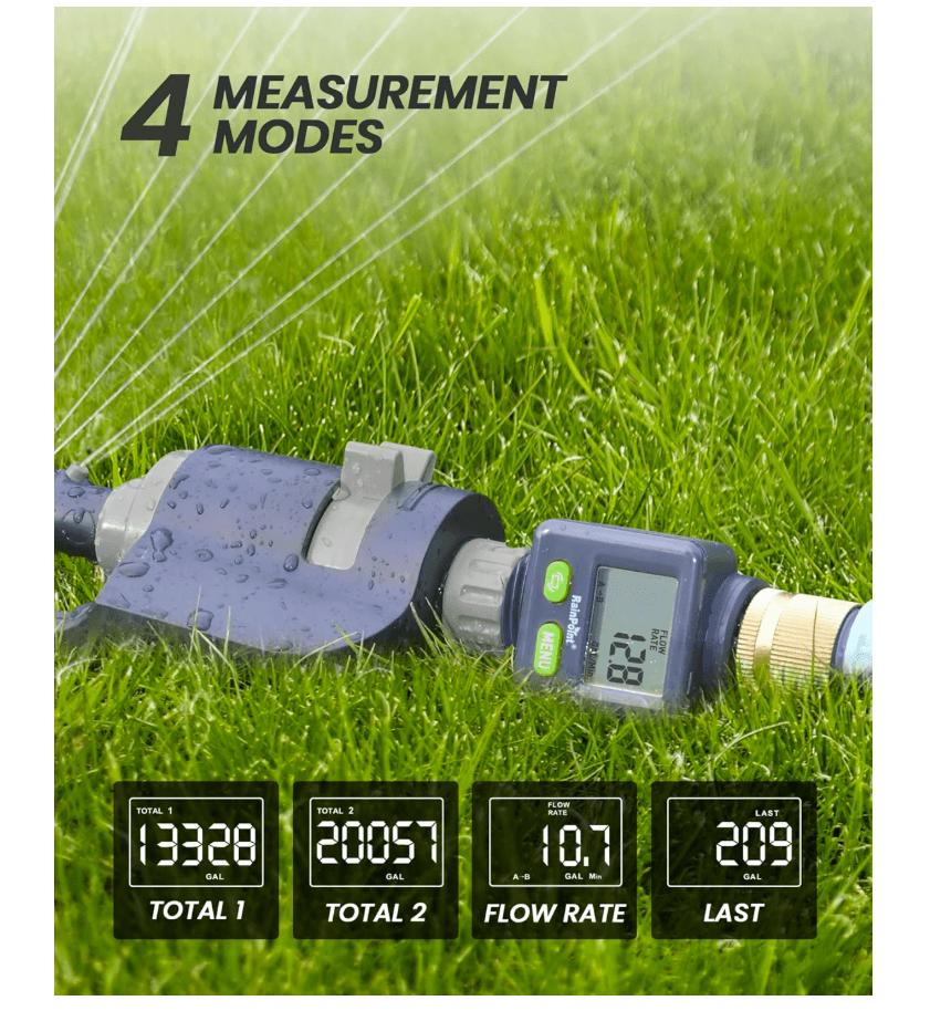 Rainpoint Water Flow Meter with Brass Inlet,Garden Hose, Sprinkler & Nozzle Sprayer