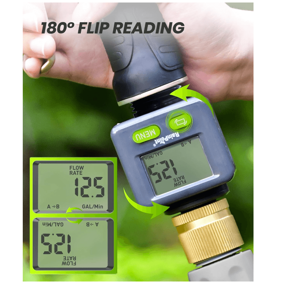 Rainpoint Water Flow Meter with Brass Inlet,Garden Hose, Sprinkler & Nozzle Sprayer