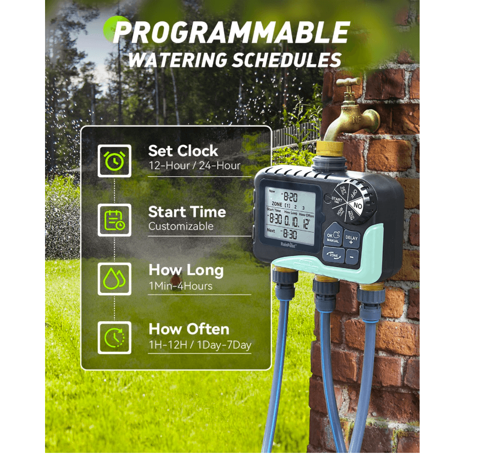 RAINPOINT 3 Zone Water Timer with Brass Inlet & Outlet