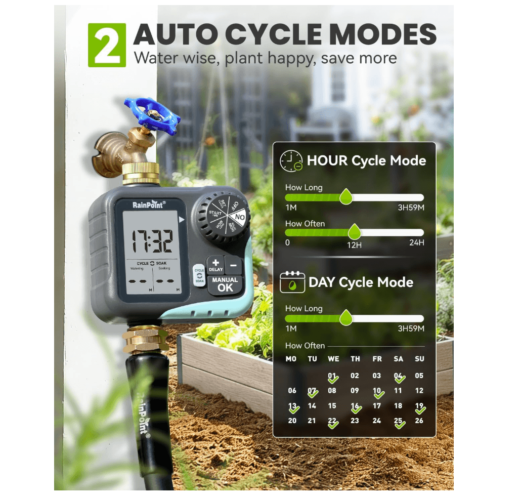 RAINPOINT Sprinkler Timer for Garden Hose - Hose Timer with Cycle & Soak, Brass Inlet & Outlet