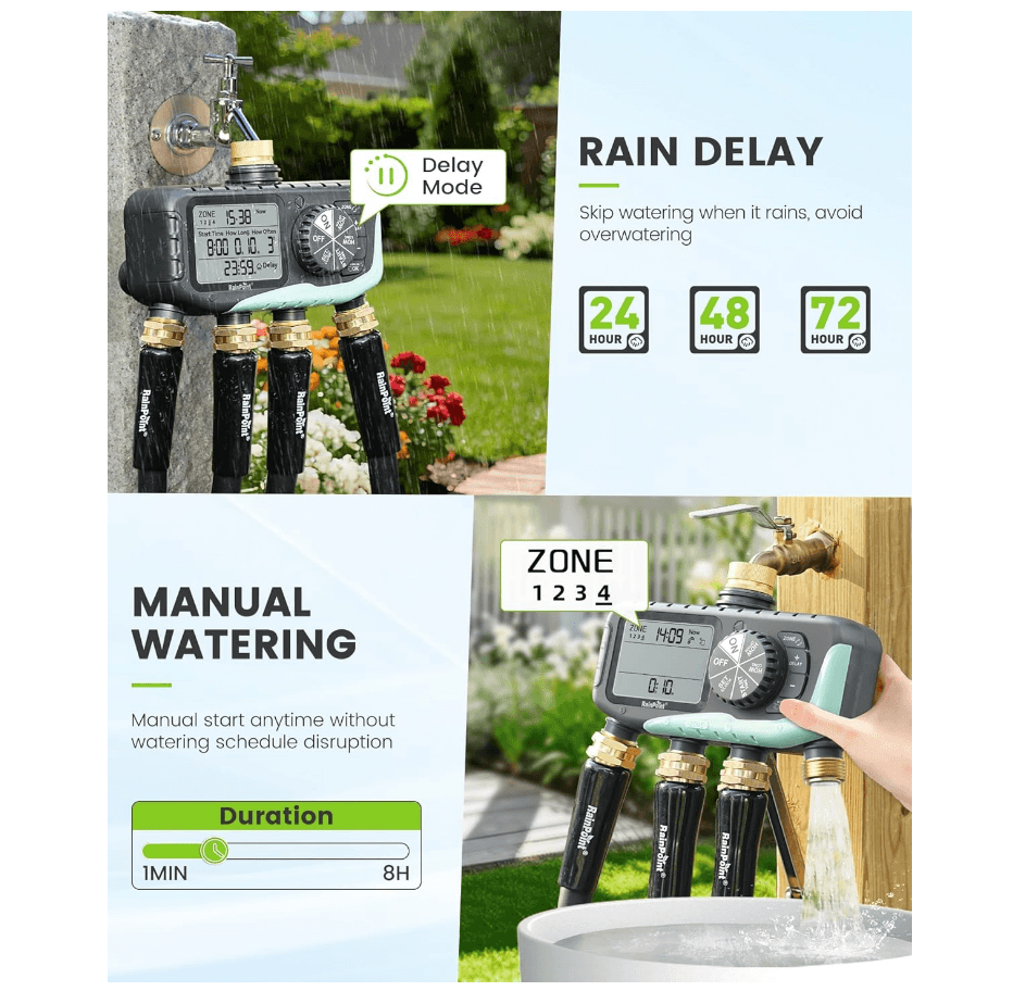 RAINPOINT Sprinkler Timer 4 Zone, Water Timer for Programmable