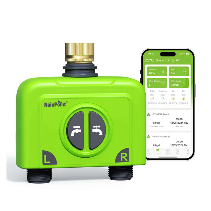 RainPoint 2-Zone WiFi Hose Timer Sprinkler Controller, Brass Inlet (No Gateway)