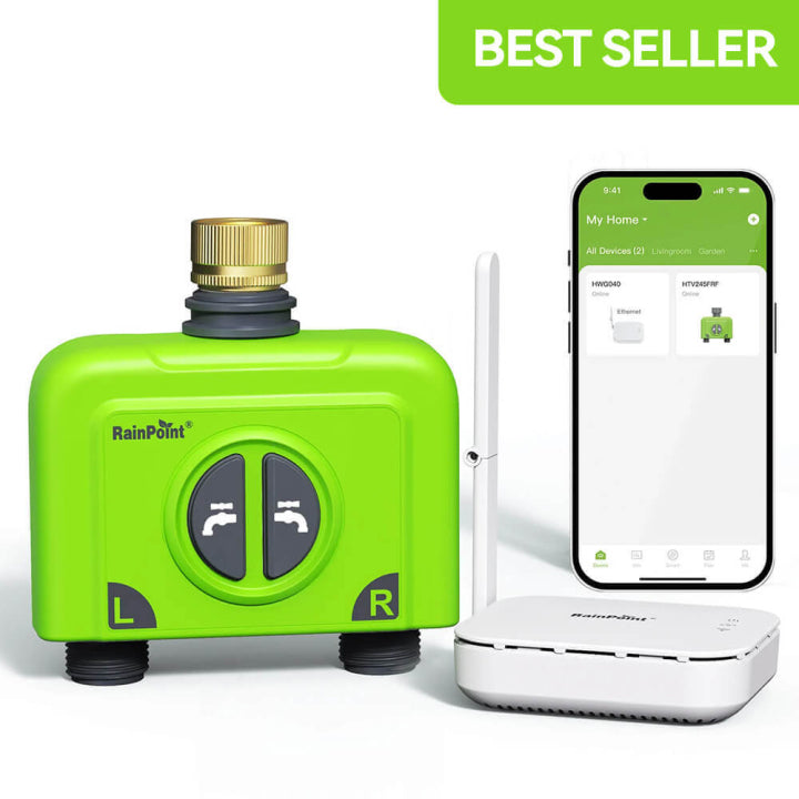 RainPoint with Brass Inlet 2-Zone Smart Hose Timer with Ethernet Gateway