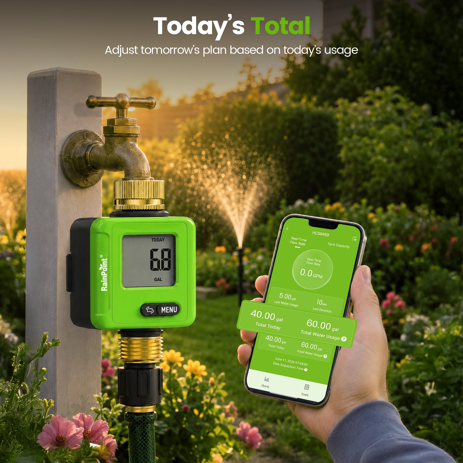 RainPoint Smart Bluetooth Water Flow Meter with App Control