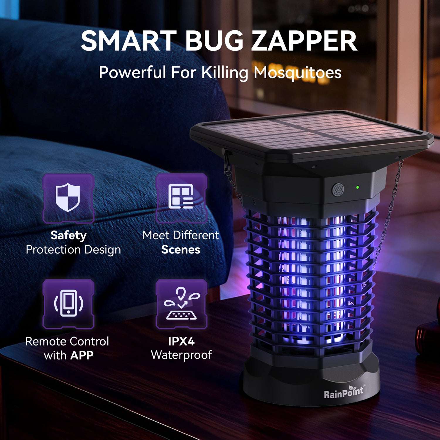 RainPoint Solar Bug Zapper Outdoor – 3000V Electric Grid, Cordless, Day &amp; Night Protection
