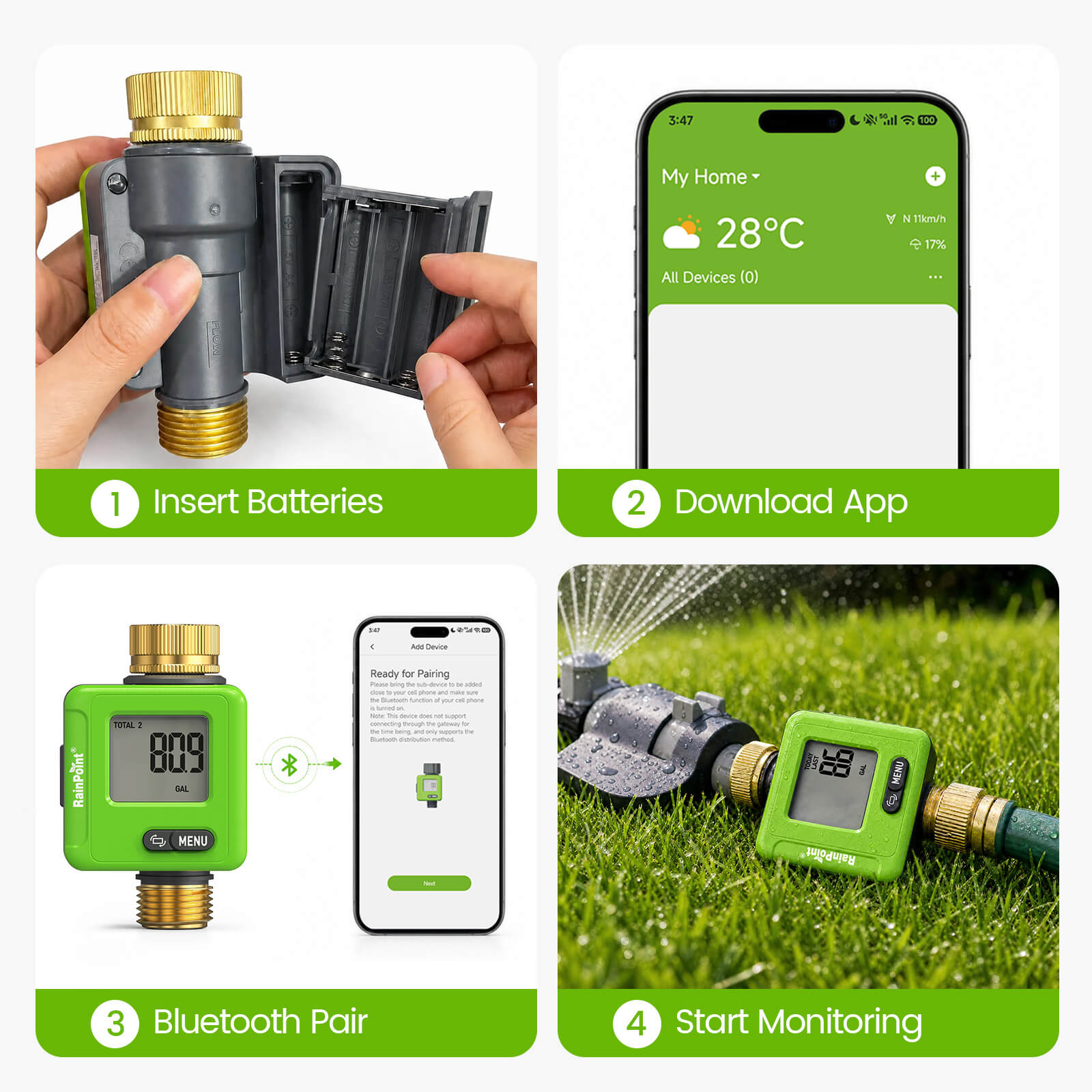 RainPoint Smart Bluetooth Water Flow Meter with App Control
