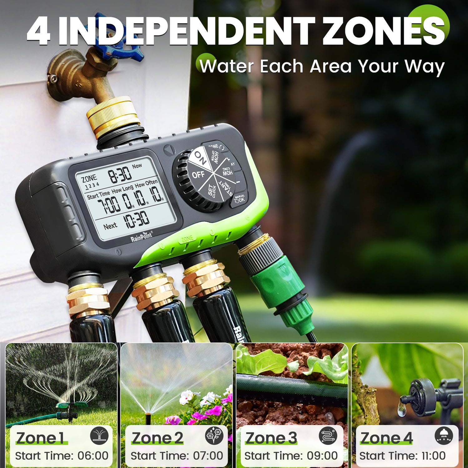 RainPoint Brass 4-Way Inlet and Outlet Garden Hose Timer