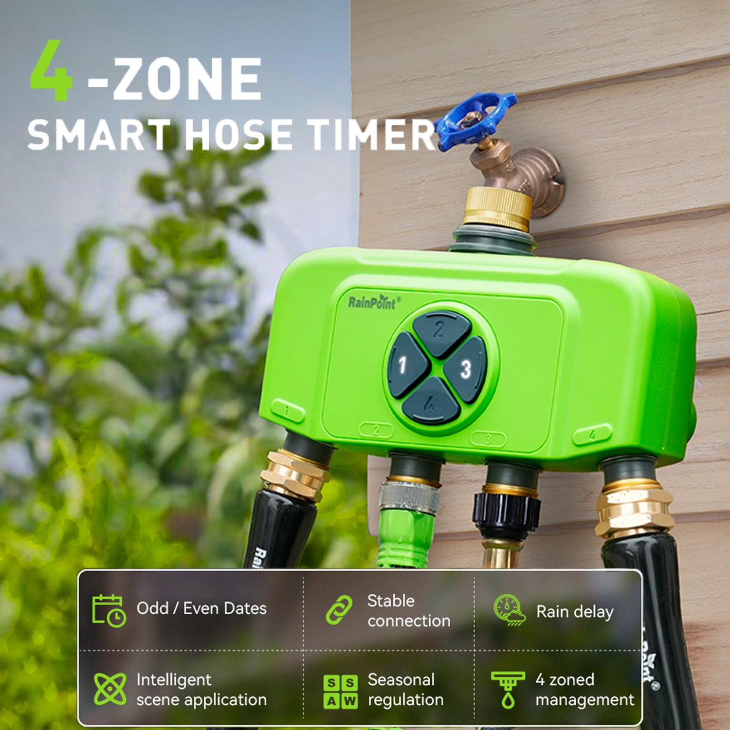 RainPoint 4-Zone WiFi Sprinkler Timer – Brass, App/Voice Control, Weather Auto-Schedule