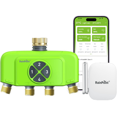 RainPoint 4-Zone WiFi Sprinkler Timer – Brass, App/Voice Control, Weather Auto-Schedule