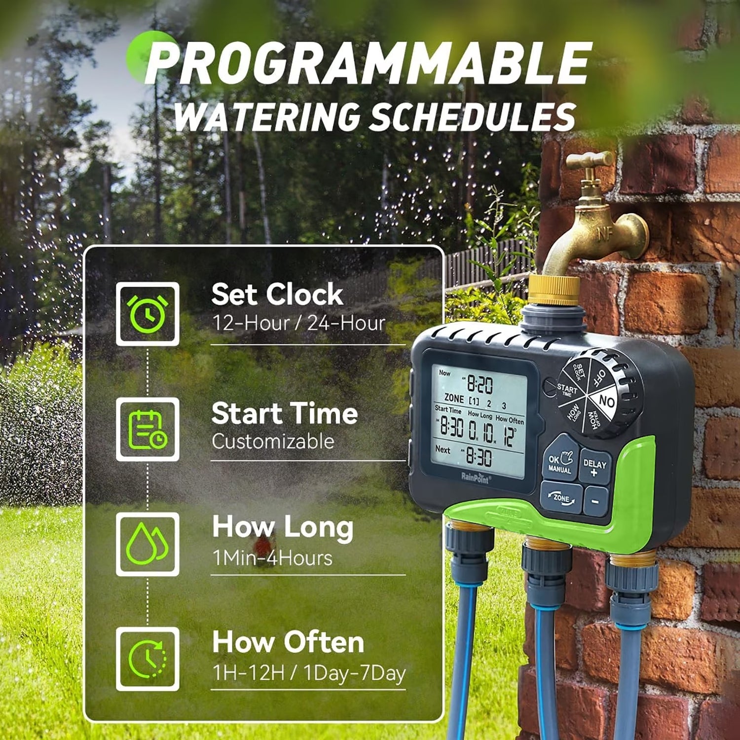 RainPoint ITV347 3-Zone Programmable Brass Sprinkler Timer