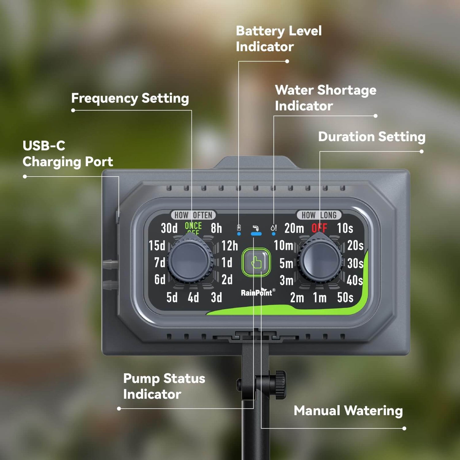 RAINPOINT Solar &amp; USB-C Automatic Drip Irrigation Kit: Rechargeable Plant Waterer for 10-20 Plants, Indoor/Outdoor Garden, Balcony, Greenhouse