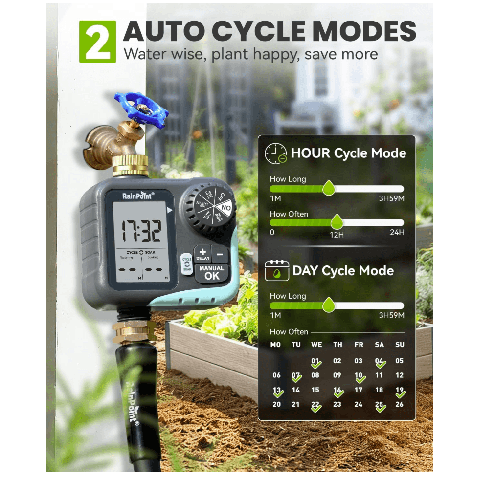 RAINPOINT Sprinkler Timer for Garden Hose - Hose Timer with Cycle &amp; Soak, Brass Inlet