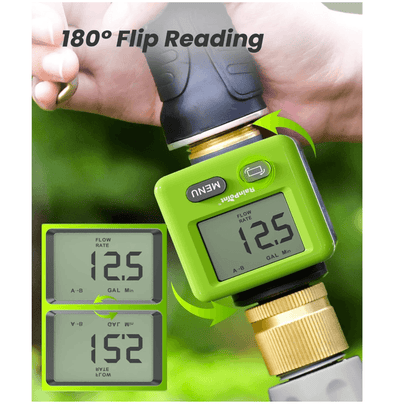 RAINPOINT Water Flow Meter – ±5% Accuracy Brass Garden Hose Gauge with 180° Flip Screen
