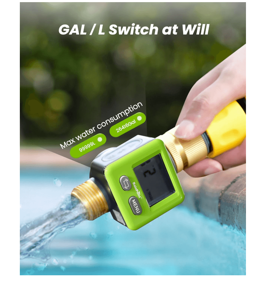 RAINPOINT Water Flow Meter – ±5% Accuracy Brass Garden Hose Gauge with 180° Flip Screen