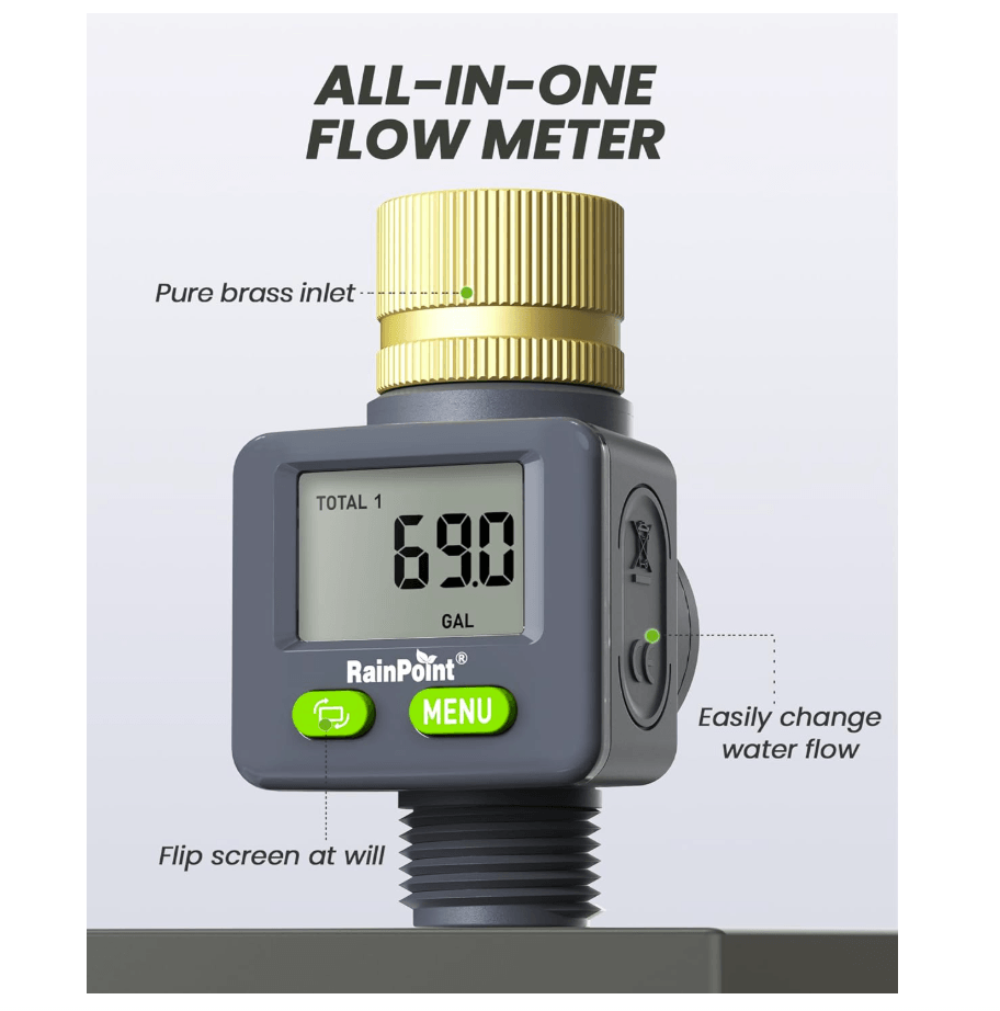 Rainpoint Water Flow Meter with Brass Inlet,Garden Hose, Sprinkler &amp; Nozzle Sprayer