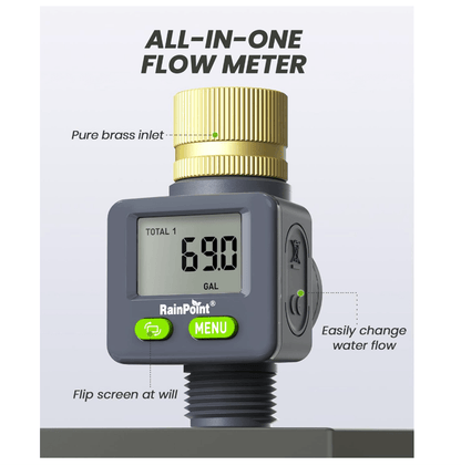 Rainpoint Water Flow Meter with Brass Inlet,Garden Hose, Sprinkler &amp; Nozzle Sprayer