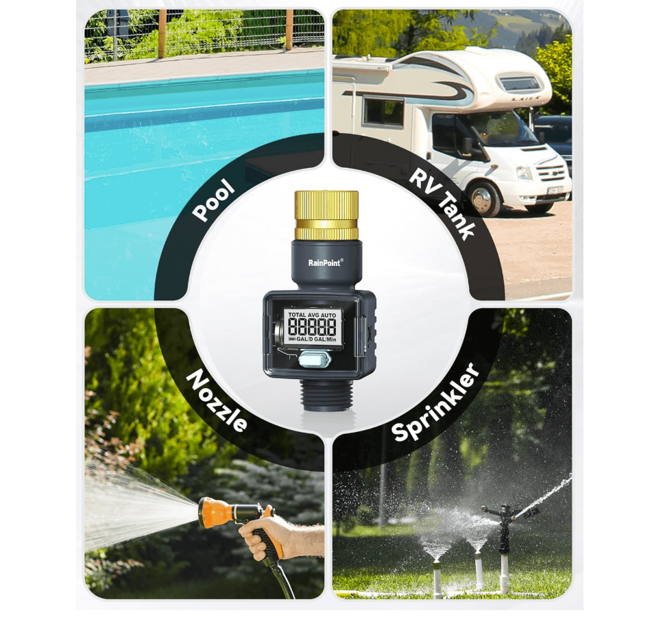 RAINPOINT Water Flow Meter with Brass Inlet, Garden Hose Watering, Lawn Sprinkler &amp; Nozzle Sprayer