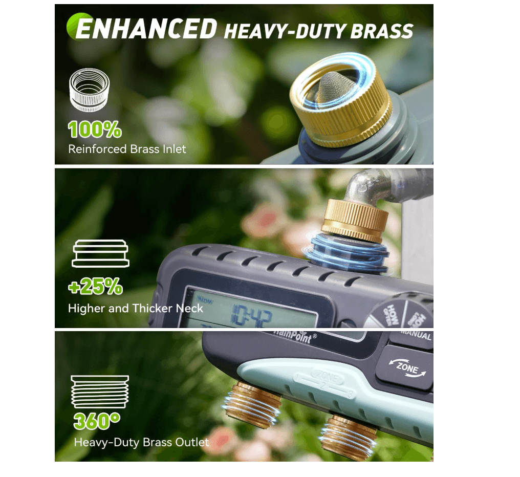 RAINPOINT 3 Zone Water Timer with Brass Inlet &amp; Outlet