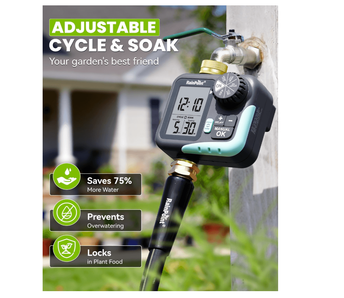 RAINPOINT Sprinkler Timer for Garden Hose - Hose Timer with Cycle &amp; Soak, Brass Inlet &amp; Outlet