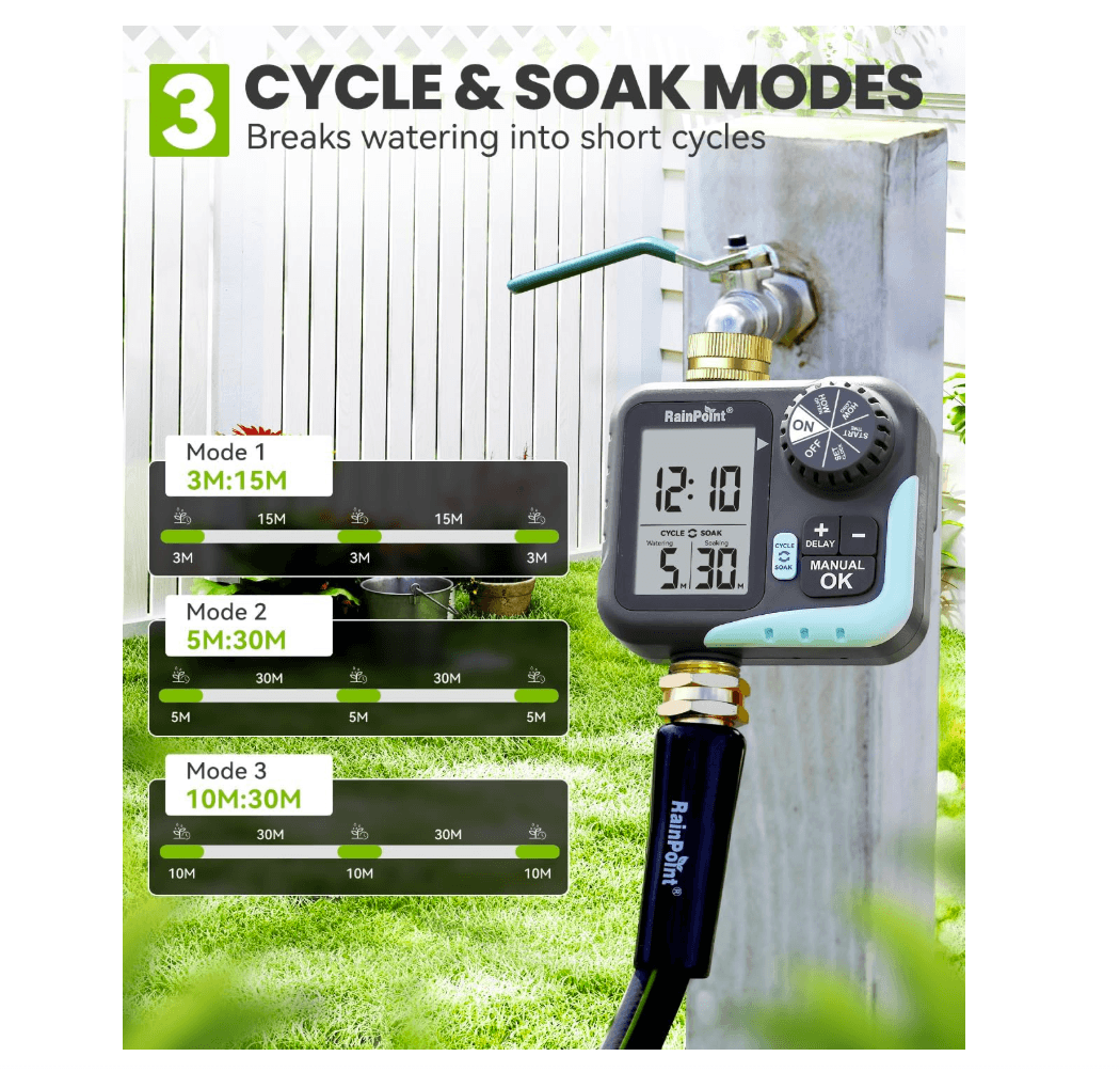 RAINPOINT Sprinkler Timer for Garden Hose - Hose Timer with Cycle &amp; Soak, Brass Inlet &amp; Outlet