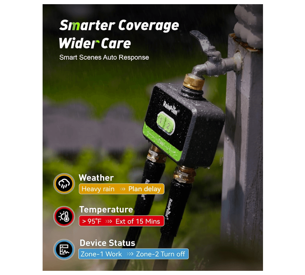RainPoint 2-Zone WiFi Water Timer for Garden Hose with Brass Inlet &amp; Outlet