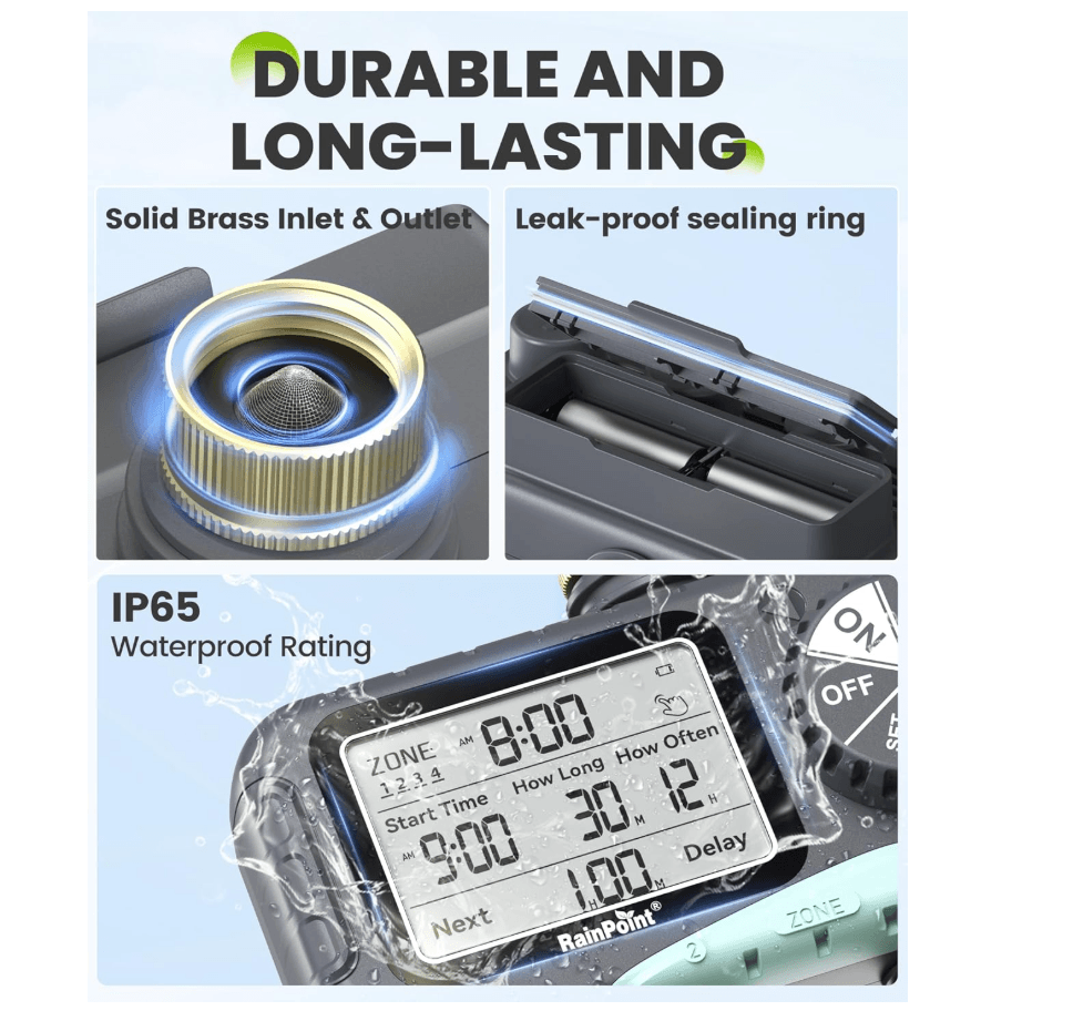 RAINPOINT Sprinkler Timer 4 Zone, Lawn Brass Inlet