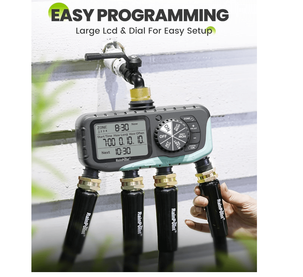 RAINPOINT Sprinkler Timer 4 Zone, Lawn Brass Inlet