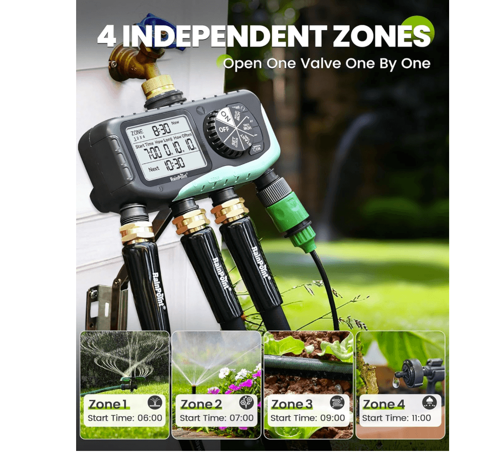 RAINPOINT Sprinkler Timer 4 Zone, Lawn Brass Inlet