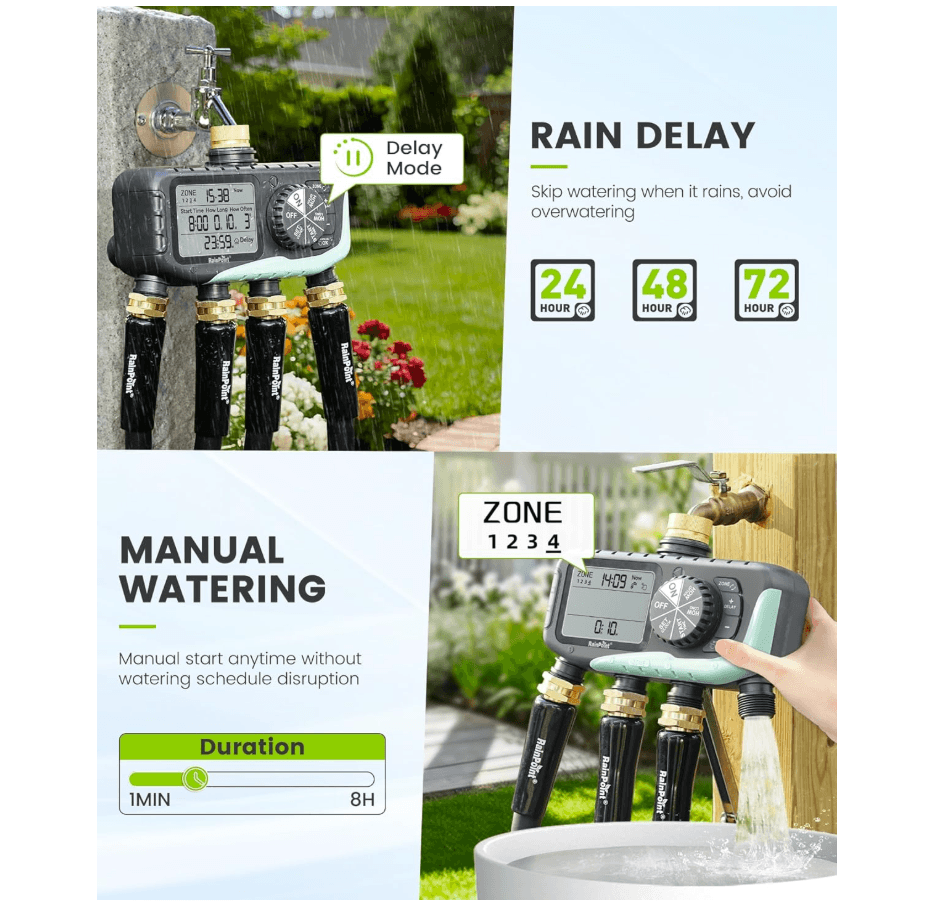 RAINPOINT Sprinkler Timer 4 Zone, Lawn Brass Inlet
