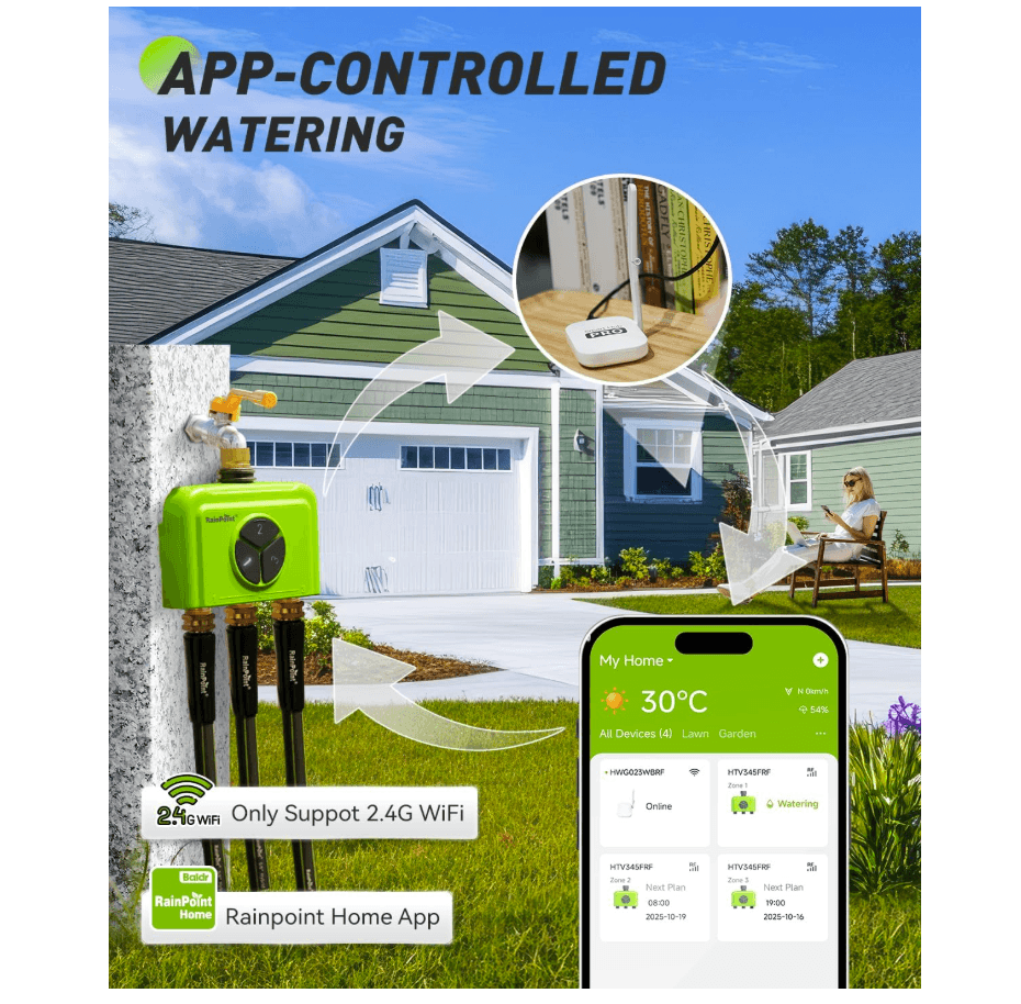 RAINPOINT 3 Zone WiFi Water Timer with Smart Gateway, Brass Inlet/Outlet