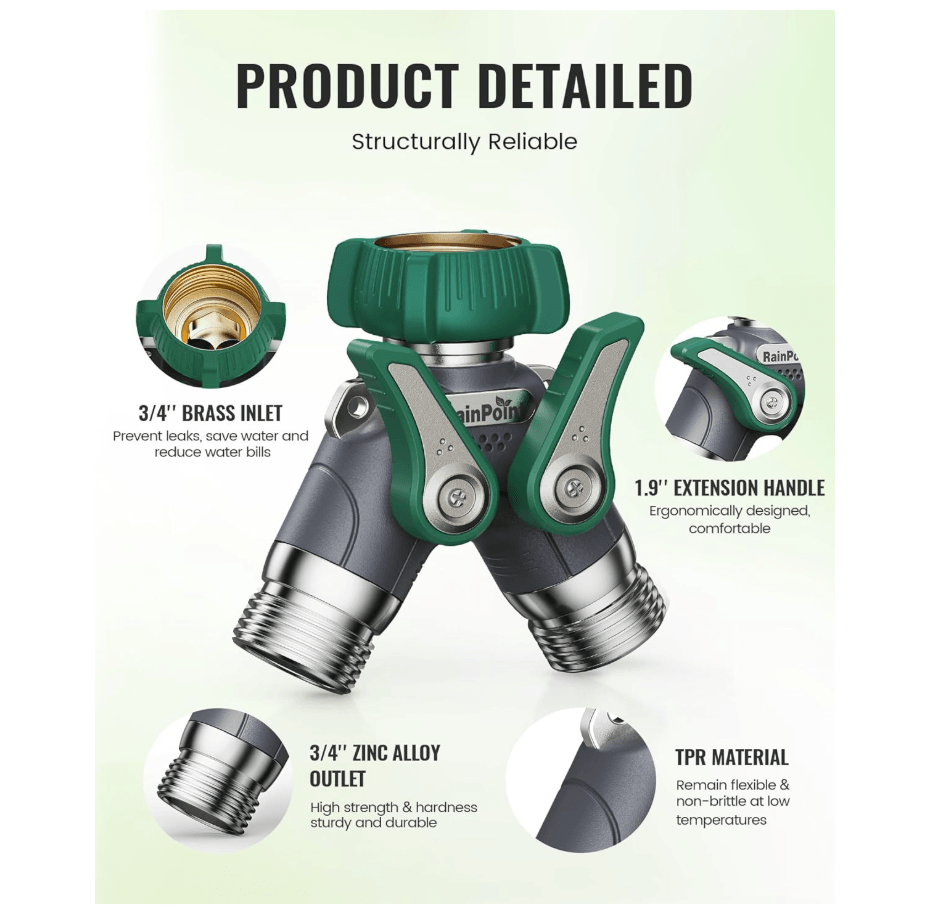 RainPoint Heavy Duty 2 Way Hose Splitter – 100% Metal, Full Flow (1 Pack)