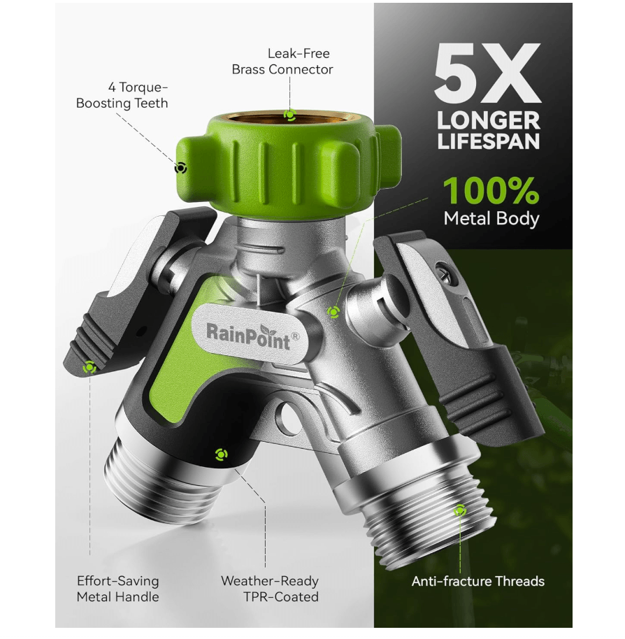 RAINPOINT Garden Hose Splitter 2 Way – All Metal Heavy Duty Water Y Splitter(Green)
