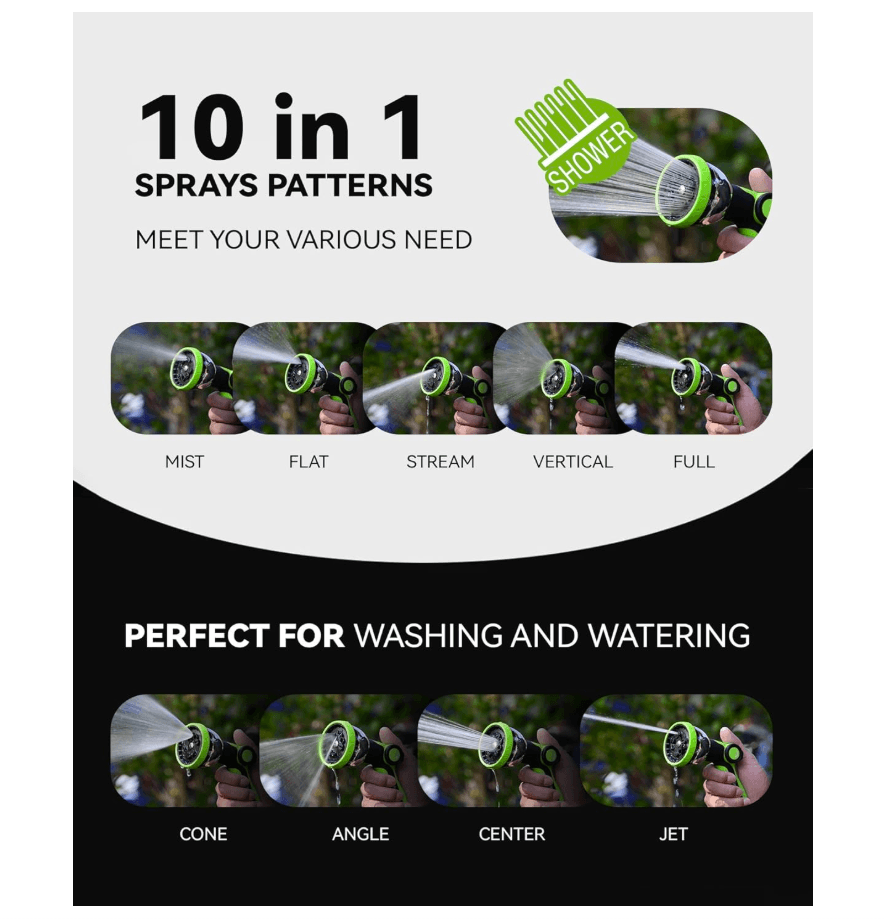 RAINPOINT Spray Nozzles for Garden Hose - 10 Spray Patterns(Green)
