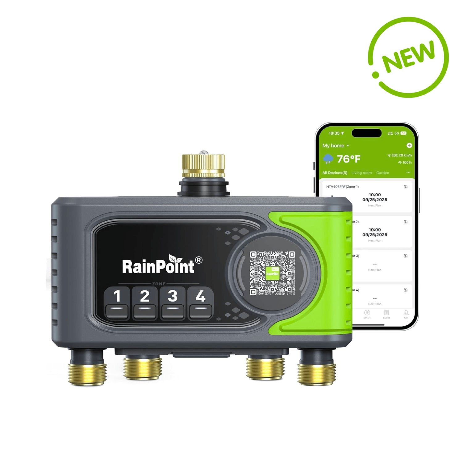 RAINPOINT 4-Zone Smart Water Timer with Brass Inlet&amp;Outlet for Automatic Watering System Without Hub